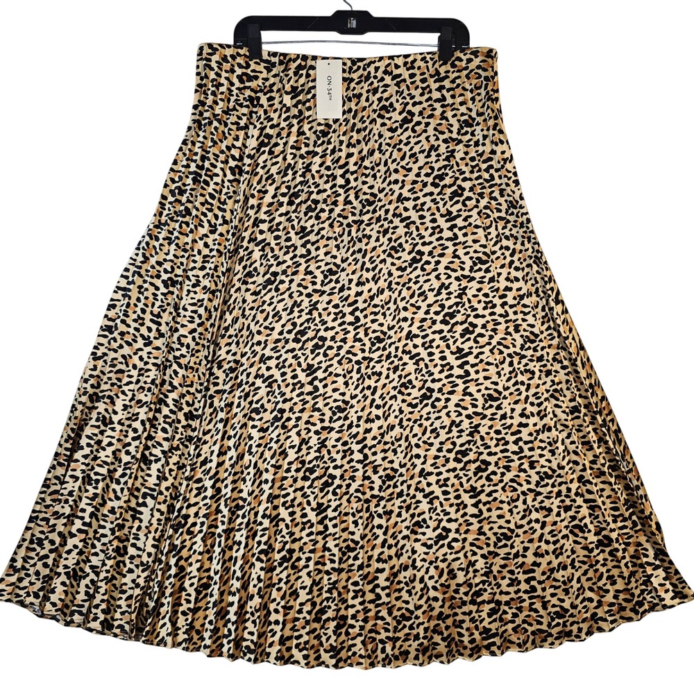 On 34th Womens XL Leopard Print Pleated Midi Skirt Tan Black Elastic Waist NEW
